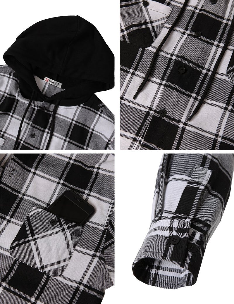 H2H Men's Casual Plaid Long Sleeve Button Down Shirt Hooded Shirts US L/Asia XL (CMOJA0105) - Image 5